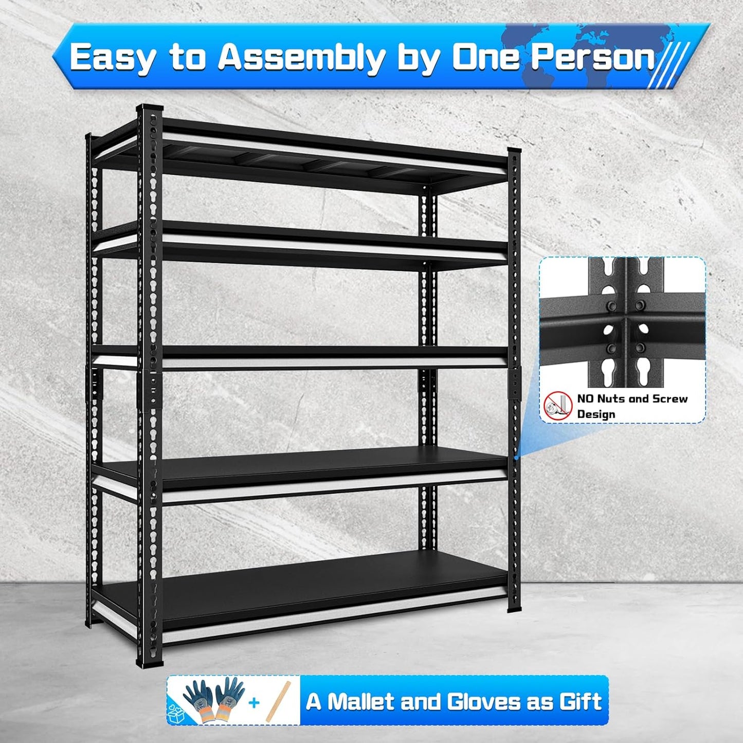 48" W Garage Shelving Heavy Duty，2500LBS Loads Metal Shelving Units and Storage,5-Tier Garage Storage Shelves Heavy Duty, Industrial Utility Shelves,48”W x 18”D x 78”H(Black)