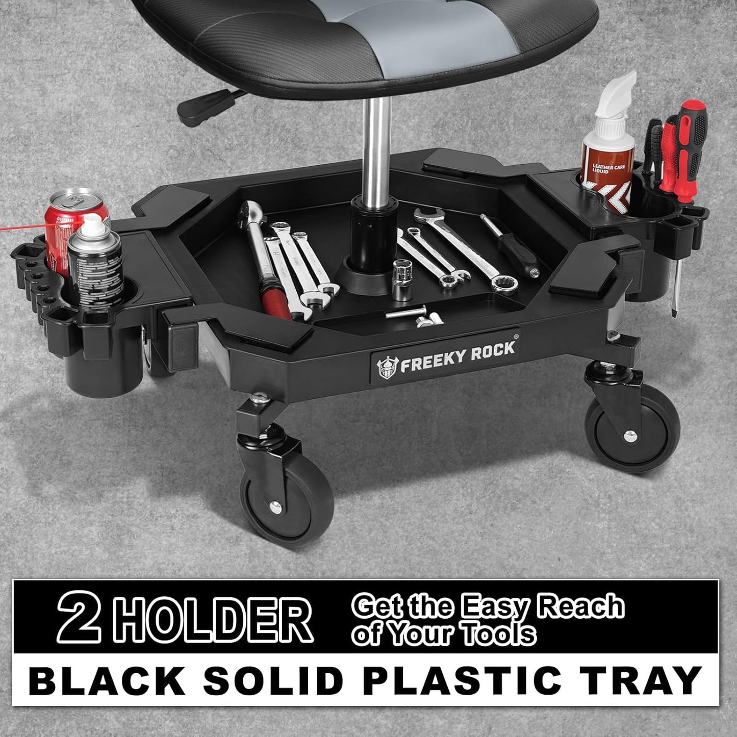 Rolling Stool with Wheels, Adjustable Height Pneumatic Garage Work Mechanic Stool Seat with Backrest, 400 LBS Capacity 360° Swivel Mechanic Crepper Chair with Tool Tray Storage, Gray