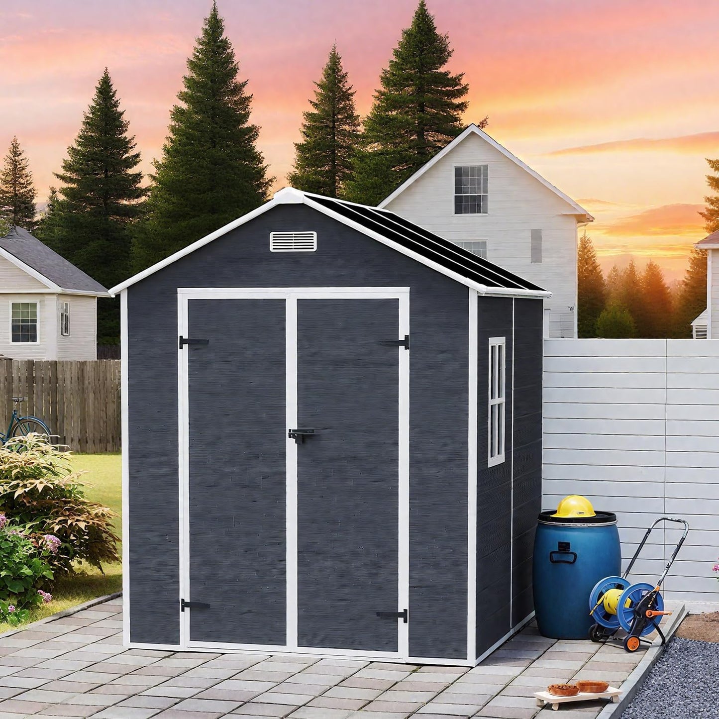 6x6 FT Outdoor Storage Resin Shed with Floor,Waterproof Plastic Garden Bike Shed with Lockable Door, Sloped Roof, Vents & Windows, Easy Assembly Tool Shed for Lawn, Backyard, Patio, Black