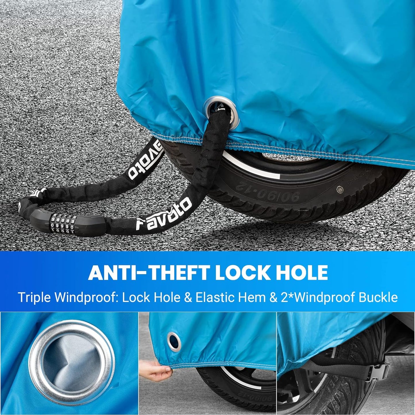 Favoto Motorcycle Cover 104 inches Length All Season Universal Weather Waterproof Rain Sun Outdoor Protection Night Reflector with Lock-Holes & Storage Bag Motorbike Vehicle Cover, Blue