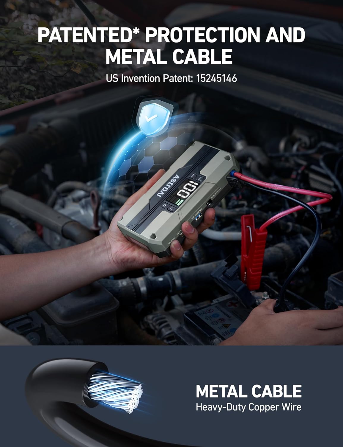 AstroAI T8 Car Battery Jump Starter, 2500A 8-in-1 Jump Box for Car Battery, Up to 8.0L Gas & 5.0L Diesel Engine, 15200mAh QC 3.0 Power Bank, Informative LED Screen with Cigarette Adapter, Jumper Cable