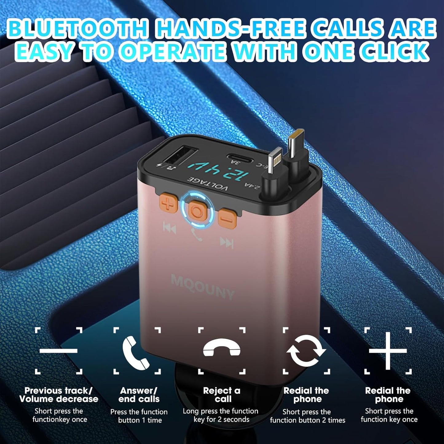 Retractable Car Charger,5 in 1 Fast Cars Phone Charger 60w,Bluetooth 5.3 FM Transmitter Adapter,Handsfree Call,MP3 Player,2 Retractable Cables and USB Chargers, for Phone,Galaxy,Pixel (Pink)