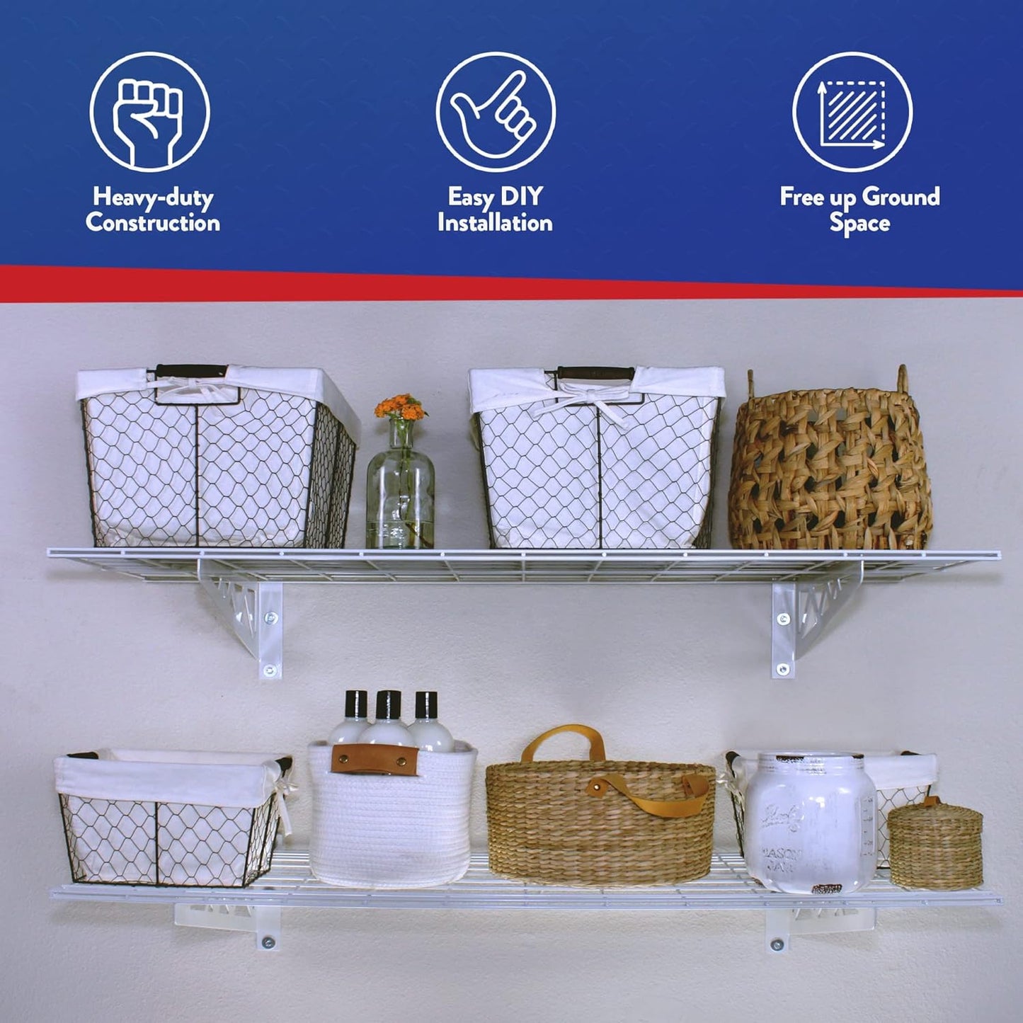 SafeRacks Wall Shelves - 2 Pk 12"x36" Wall Mountable Shelving Unit for Pantry or Utility, Heavy Duty Shelves w/ 4 Accessory Hooks, 300lbs Capacity, White