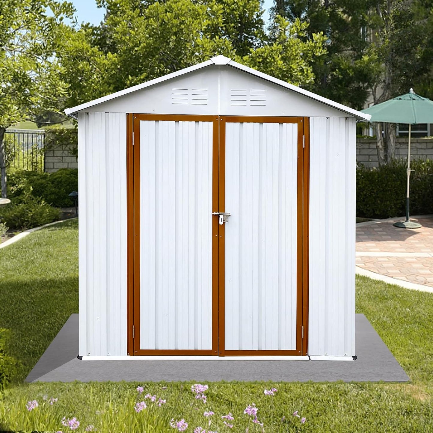 4x6 FT Outdoor Metal Storage Sheds with Apex Roof,Single-Storey Waterproof Roofed Structure Garden Shed w/Lockable Doors,for Lawn Equipment Tool Sundries,White+Yellow