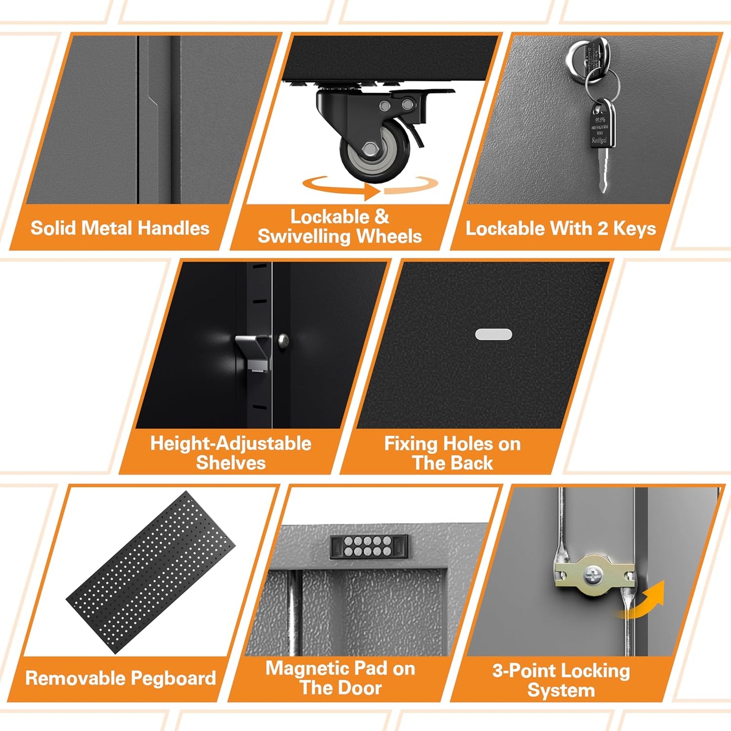 Metal Garage Storage Cabinet with 2 Doors, Adjustable Rolling Tool Storage Cabinet with Lock, 71" Steel Locking Tool Cabinet with Wheels and Shelves for Garage, Warehouse(Black&Gray, 71" H)