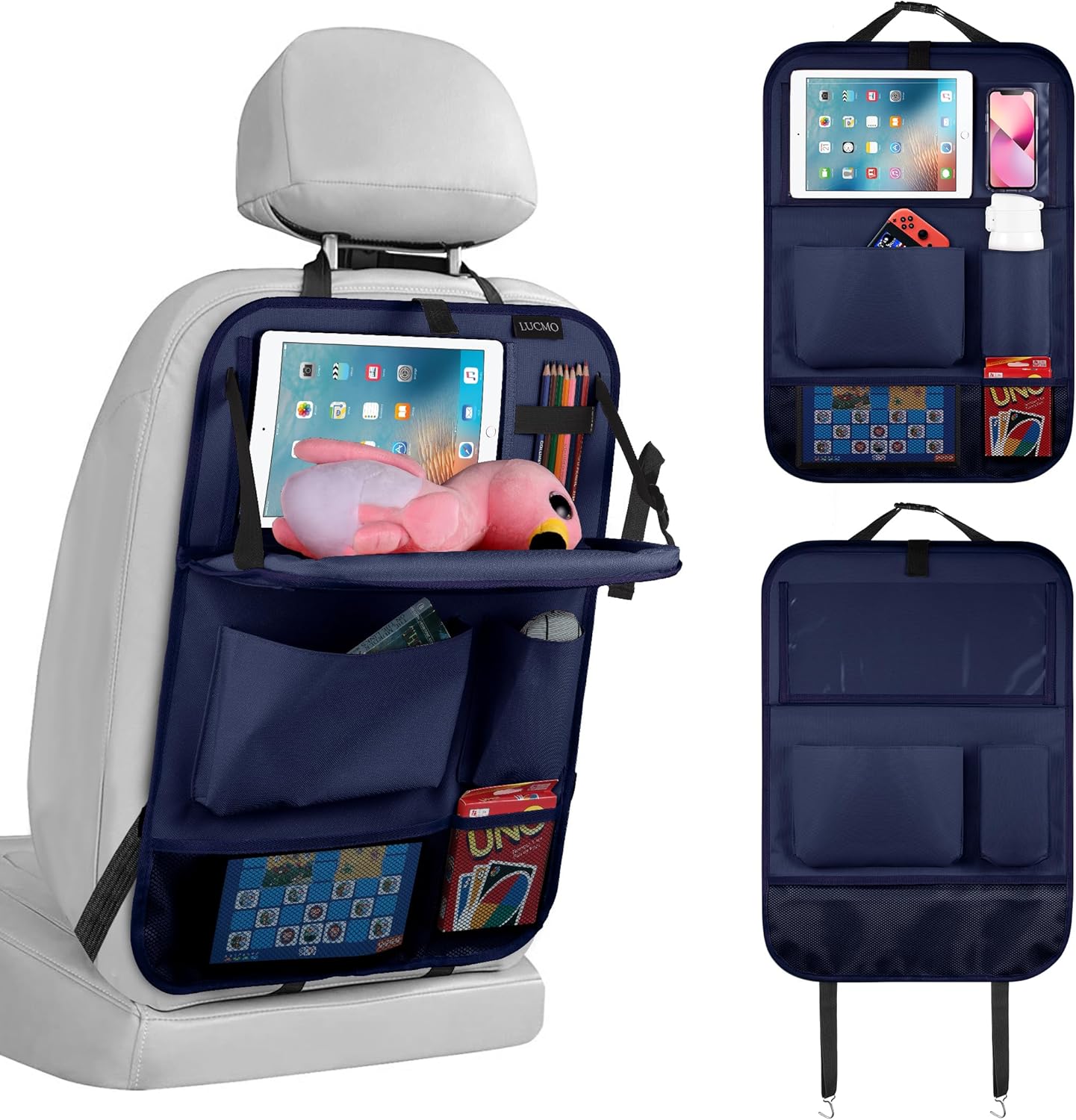 LUCMO Car Backseat Organizer with Tablet Holder,6 Storage Pockets Car Storage Organizer with Foldable Food Tray,Seat Protectors Kick Mats Travel Accessories-Dark Blue