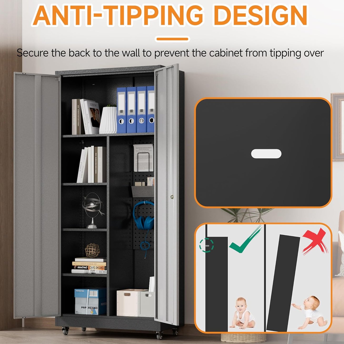 Metal Garage Storage Cabinet with 2 Doors, Adjustable Rolling Tool Storage Cabinet with Lock, 71" Steel Locking Tool Cabinet with Wheels and Shelves for Garage, Warehouse(Black&Gray, 71" H)