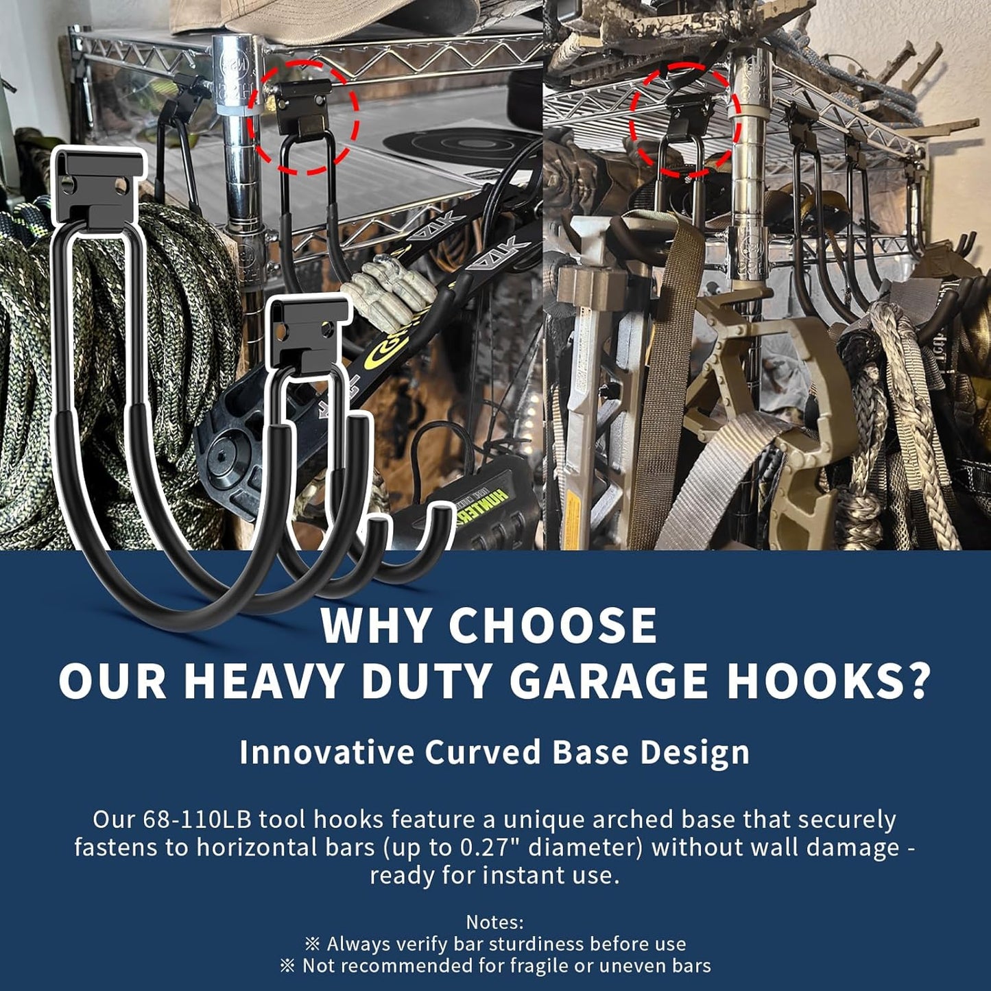 Garage Hooks Heavy Duty, 6pcs 68-110 LB Garage Organization and Storage Wall Hooks for Hanging Ladder/Bike/Power and Yard Tools/Hose, Utility Hook Tool Hangers for Garden/Shed/Apartment