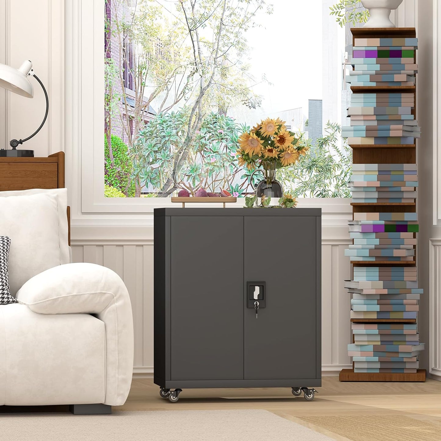 GREATMEET Garage Cabinets with Wheels, Black Garage Storage Cabinets with Doors and Adjustable Shelves，Rolling Lockable Metal Garage Storage Cabinets for Home Office Utility Room