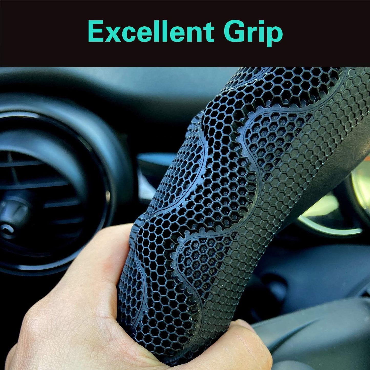 PINCTROT D Shaped 14.5-15 Inch Steering Wheel Cover Great Grip with 3D Honeycomb Anti-Slip Design, Flat Bottom 14.5-15 Inch (Black/Red Stitch)