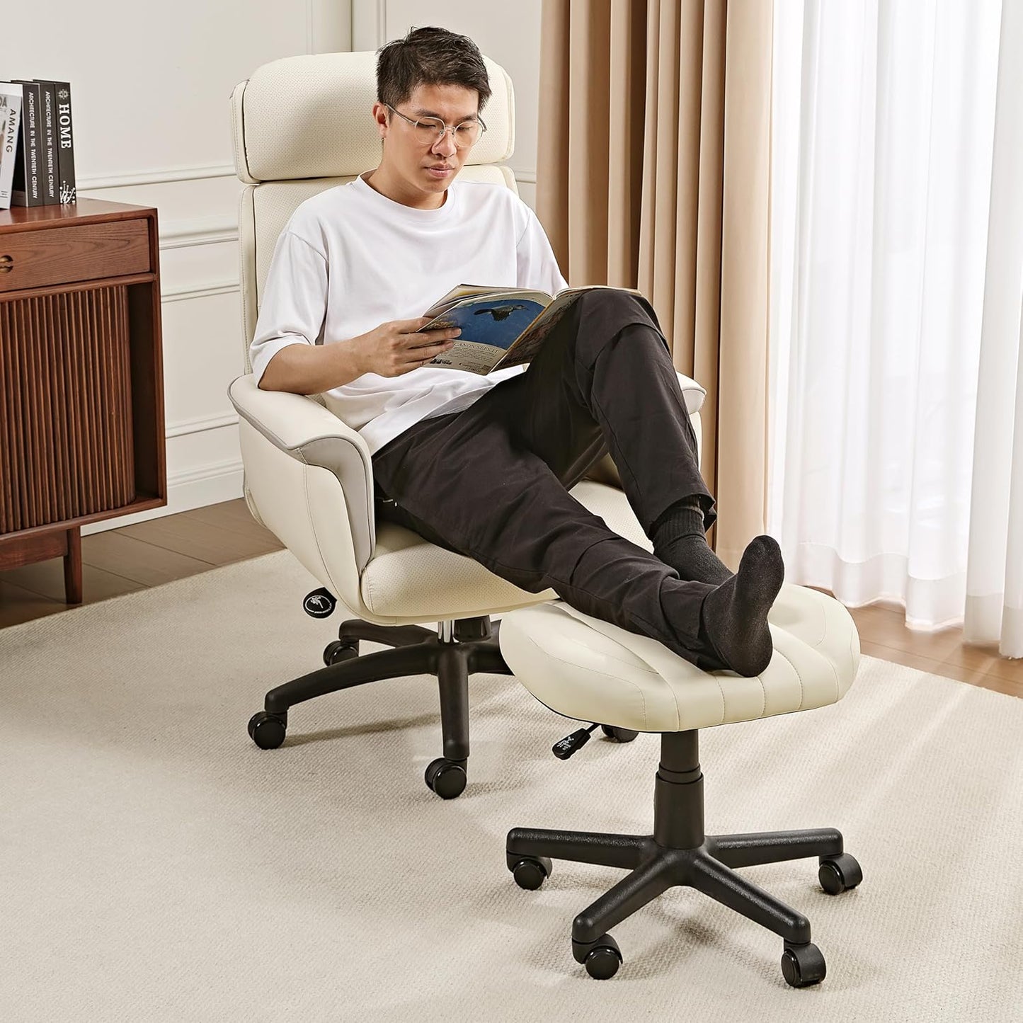 EUREKA ERGONOMIC Multi-Use Foot Stool, Height Adjustable Footrest Stool with Wheels, 360°Swivel Leg Rest Rolling Chair, Rest Ottoman Under Desk for Home Office,Beige