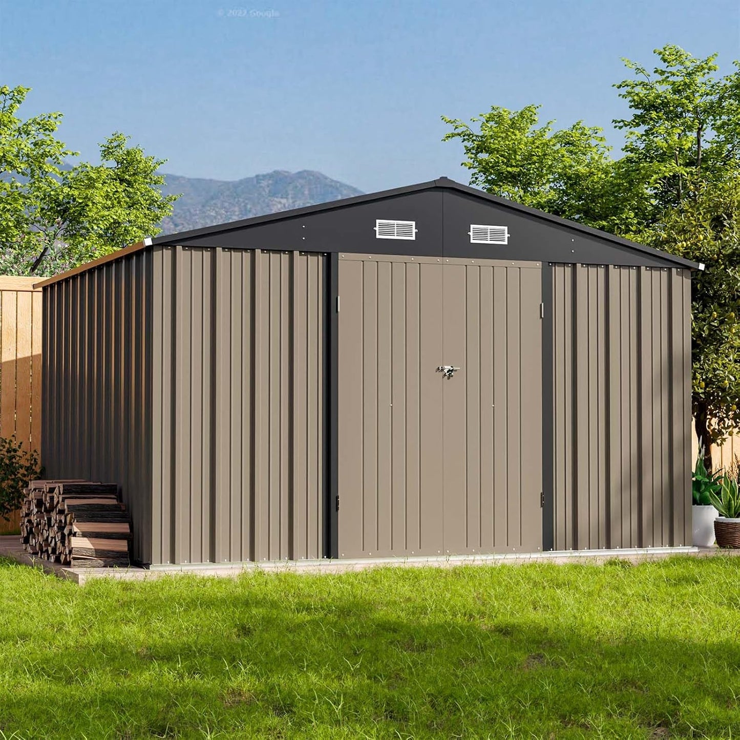 Patiowell 10 x 8 FT Outdoor Storage Shed, Large Garden Tool Metal Shed with Sloping Roof and Double Lockable Door, Outdoor Shed for Backyard Garden Patio Lawn, Brown