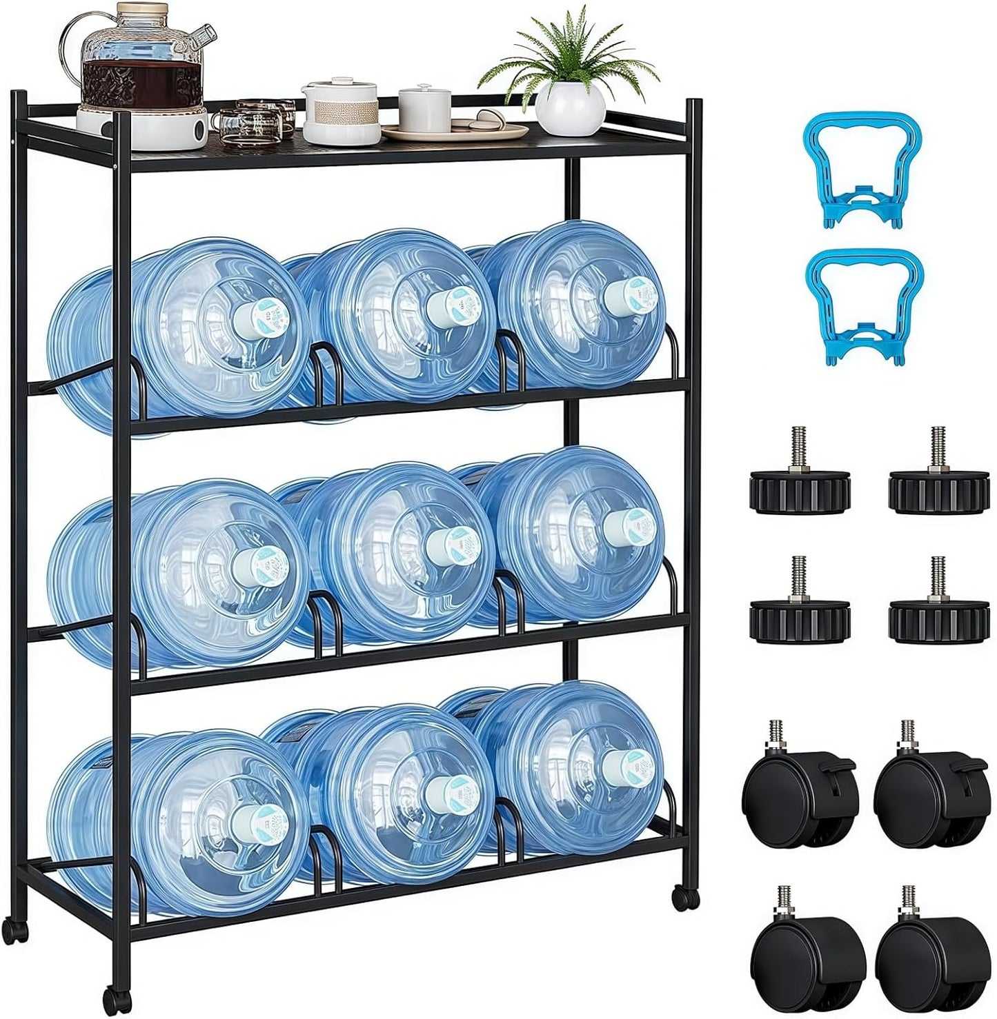 5 Gallon Water Bottle Holder, Water Jug Rack with Top Shelf, Wheels, Movable Water Jug Stand, Two Carry Handles, Heavy Duty 9-Tray Water Jug Stand for Kitchen Office Living Room Garage, Black