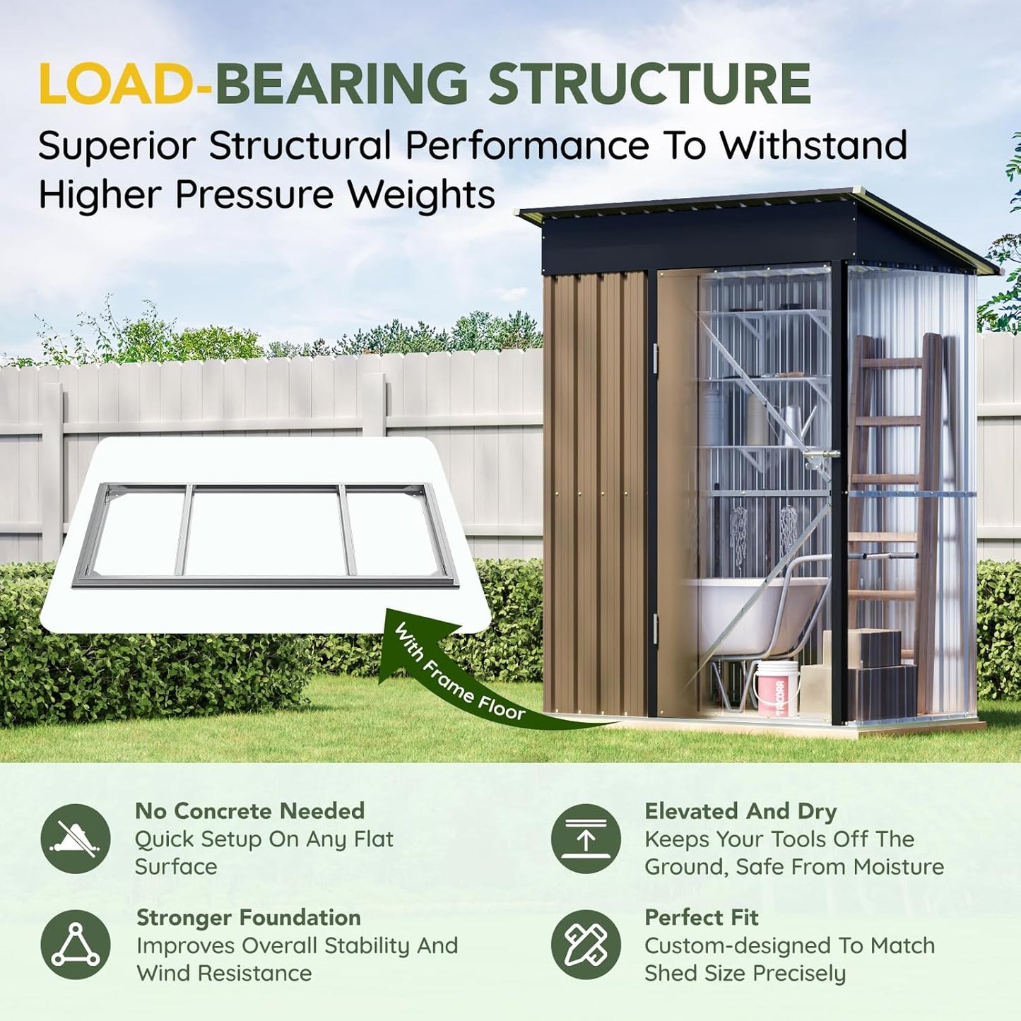 Breezz 5x3FT Vertical Outdoor Steel Storage Shed with Floor Frame, Lockable Doors, Compact Metal Tool Shed for Garden, Backyard, Patio, Utility, and Bike Storage,Brown