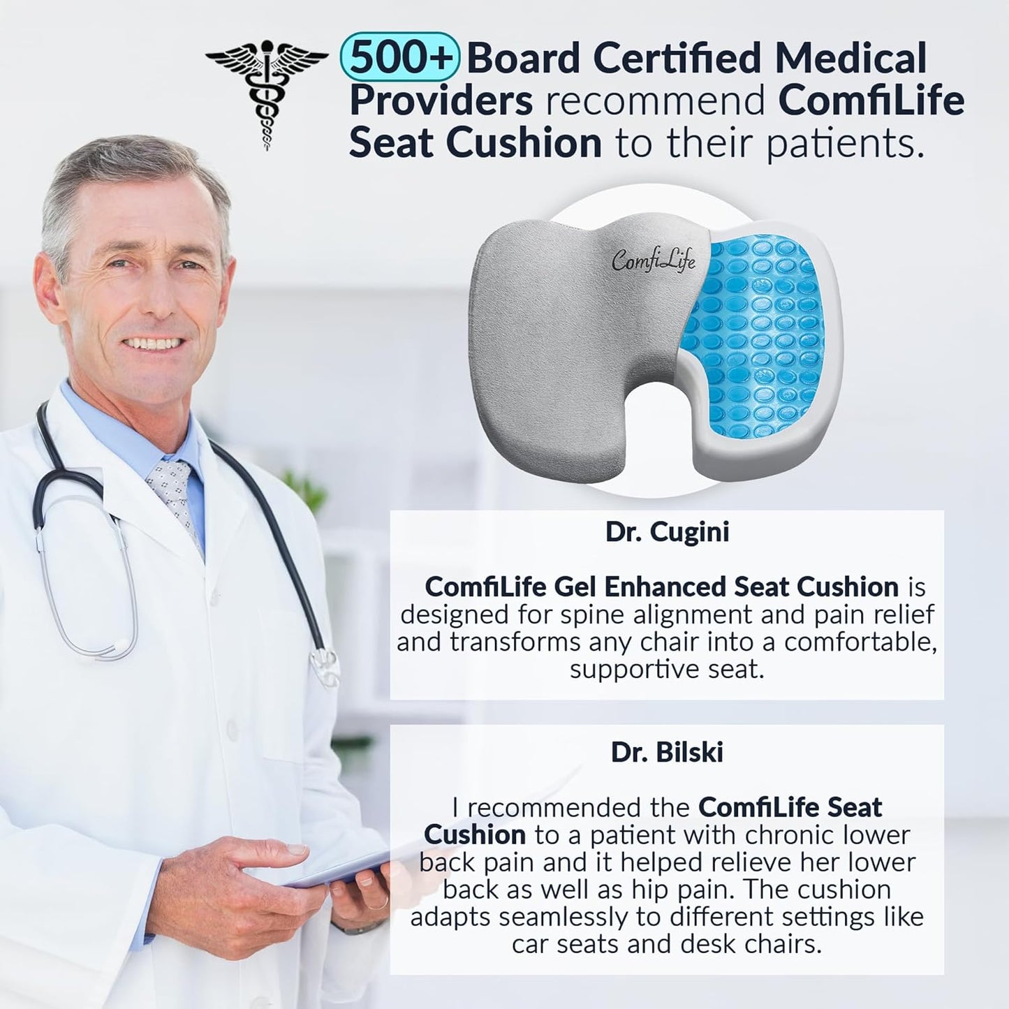 ComfiLife Gel Enhanced Seat Cushion – Office Chair Cushion – Non-Slip Gel & Memory Foam Coccyx Cushion for Tailbone Pain - Desk Chair Car Seat Cushions Driving - Sciatica & Back Pain Relief (Gray)