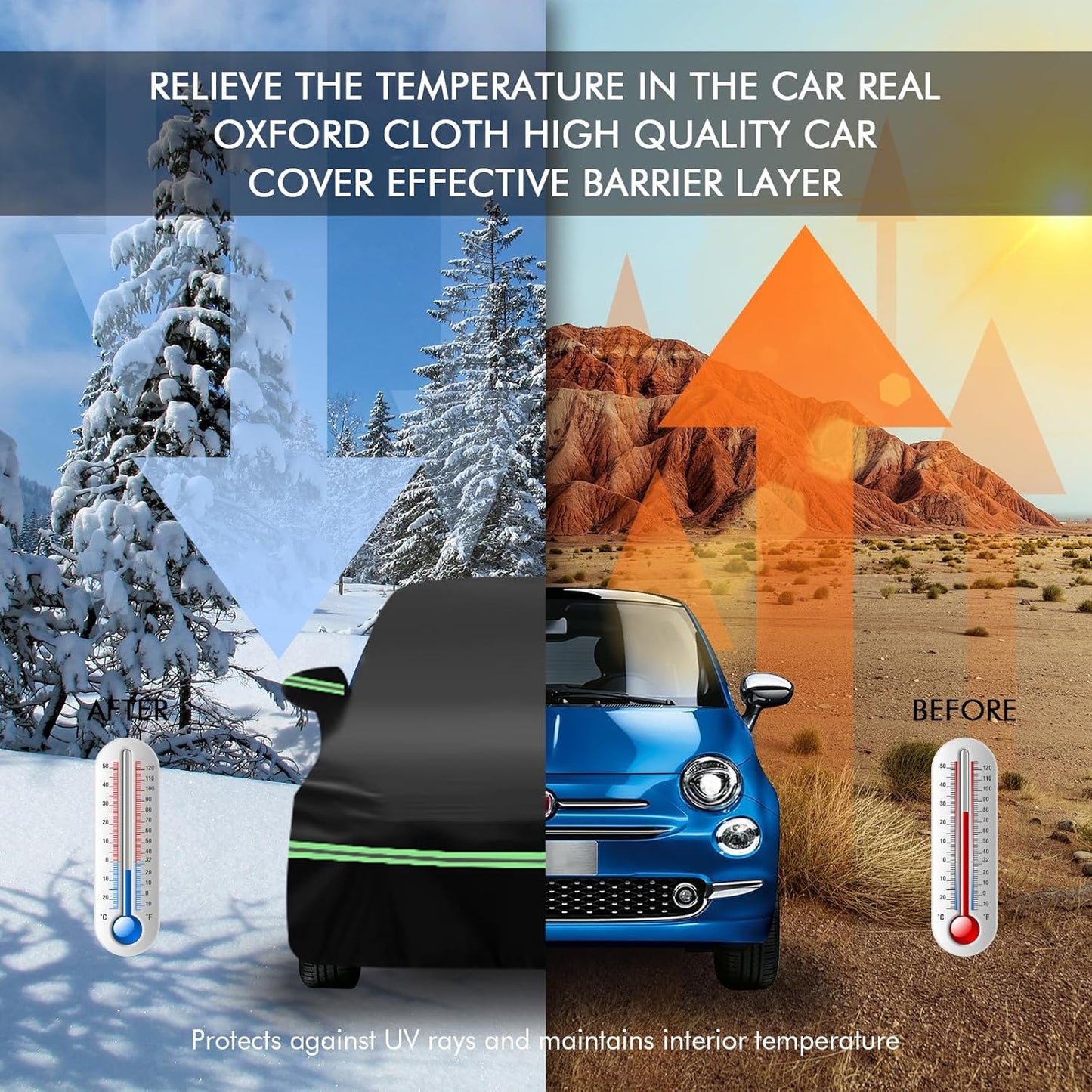 Replace for 2007-2023 Fiat 500/500C Car Cover 210D Outdoor Waterproof UV Snow Rain Protection, with Cotton Layer, Zipper Door, Reflective Strip, Storage Bag, for Abarth Turbo Sport Lounge Pop