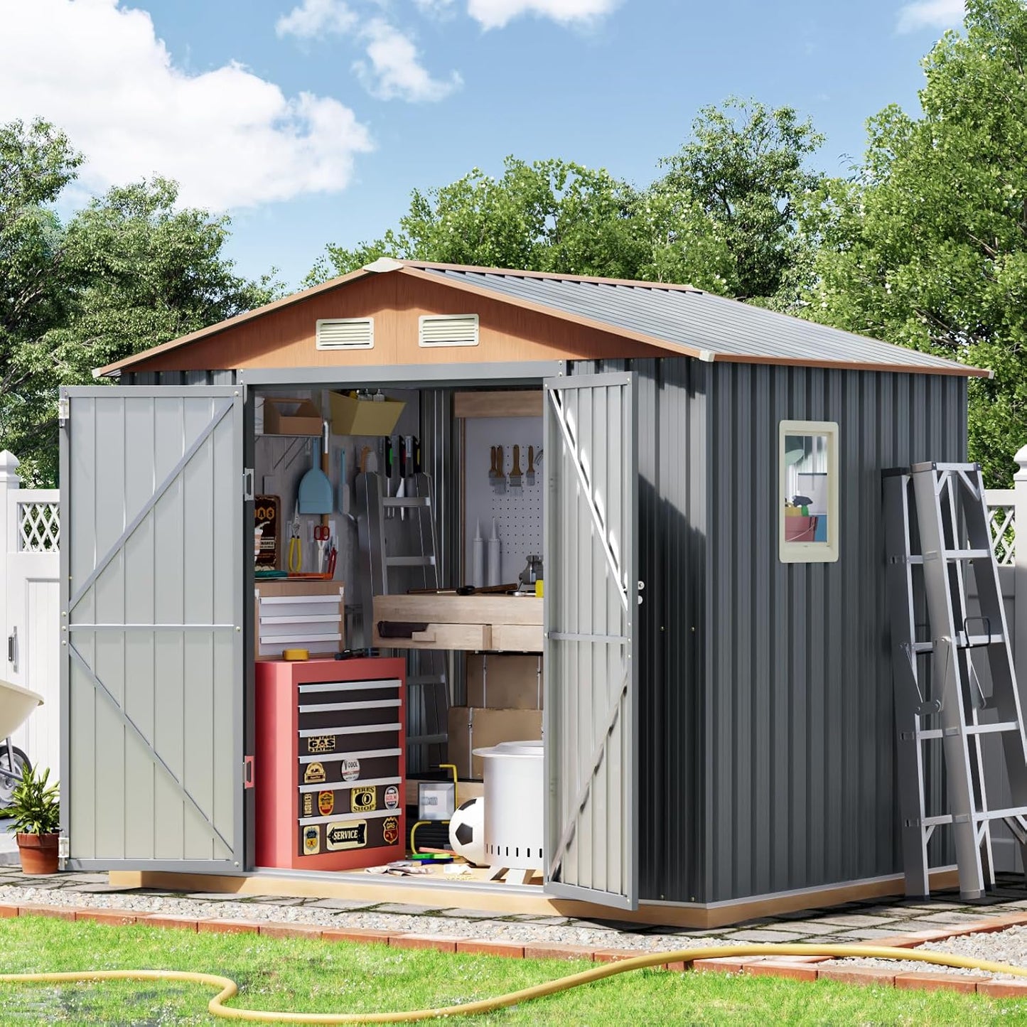 8x6FT Metal Shed & Outdoor Storage Shed, Steel Tool Multi-Used Shed with Vents,Lockable Doors,Window,Compact Tool Shed for Backyard, Patio, Lawn and Garden Various Storage(Matte Gray)