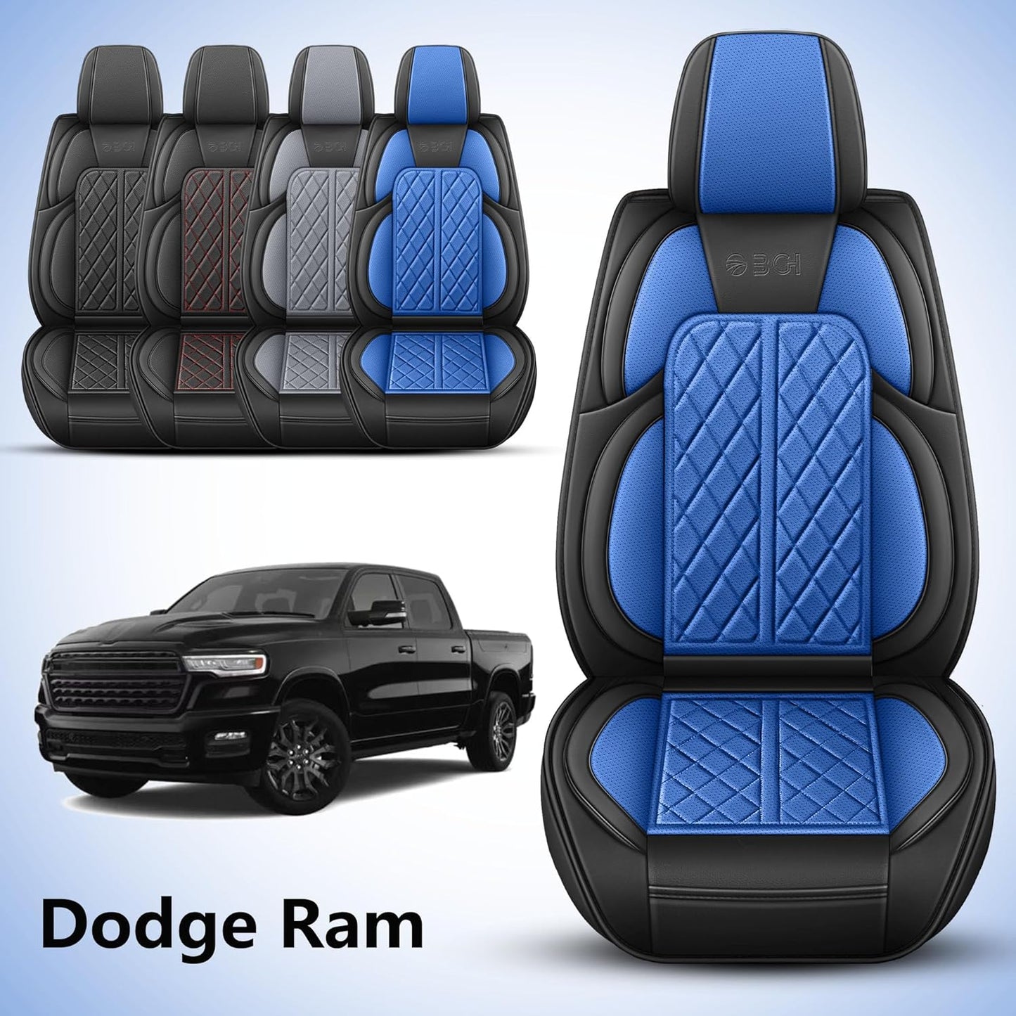 Car Seat Cover Custom Fit for Dodge Ram 1500 2500 3500 2002-2024 Faux Leather Seat Cover Set Compatible with Crew Quad Regular Cab Pickup Truck Cushions (Black & Blue, Front Seat)