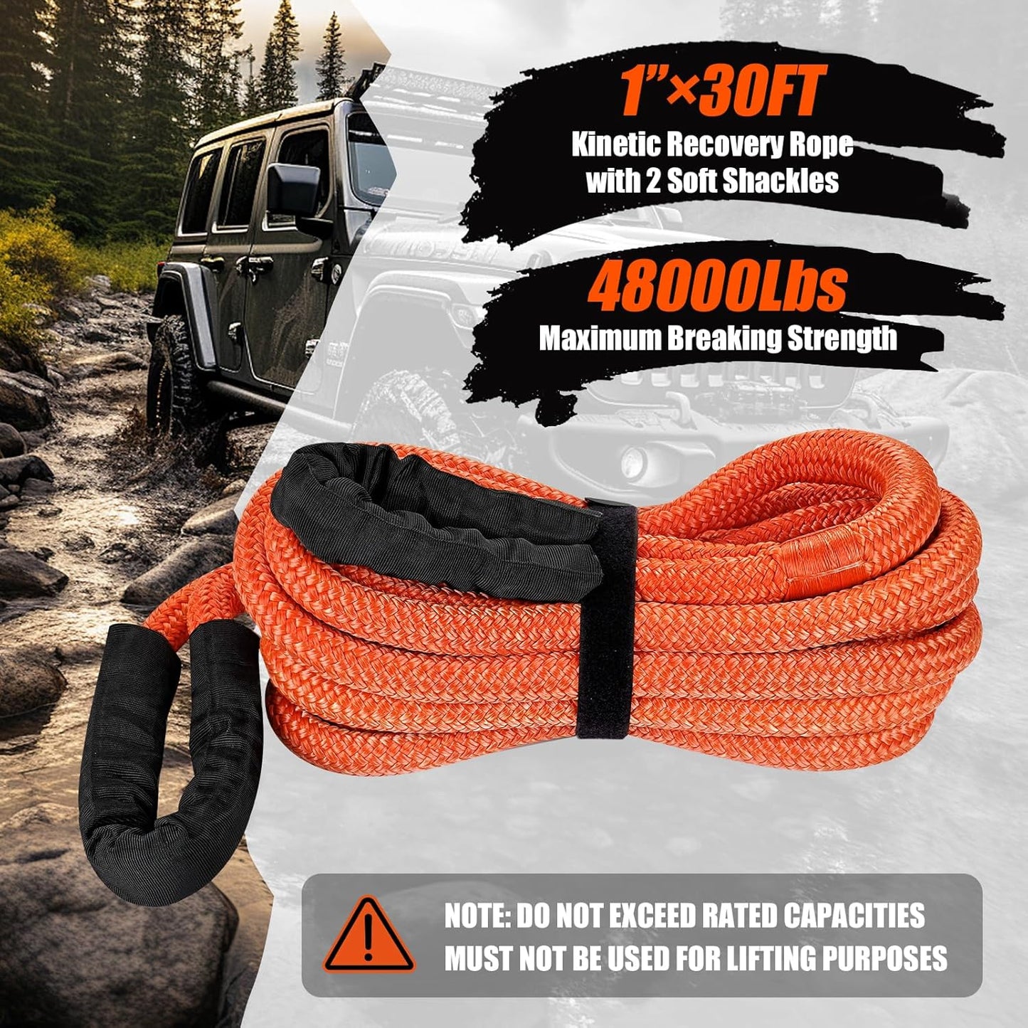 1" × 30ft Kinetic Recovery Tow Rope (48,000lbs), Heavy Duty Offroad Towing Straps Kit, Includes 2 Soft Shackles, Offroad Recovery Kit for UTV, ATV, Truck, Car, Jeep, Tractor (Orange)