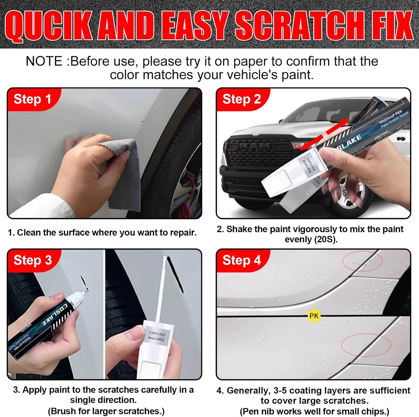 Car Touch Up Paint(Flame Red(PR4)) for Dodge Ram, Car Paint Scratch Repair Kit, Quick & Easy Solution to Repair, 2 in 1 Scratch Remover Pen with 2PCS Disposable Micro Applicators