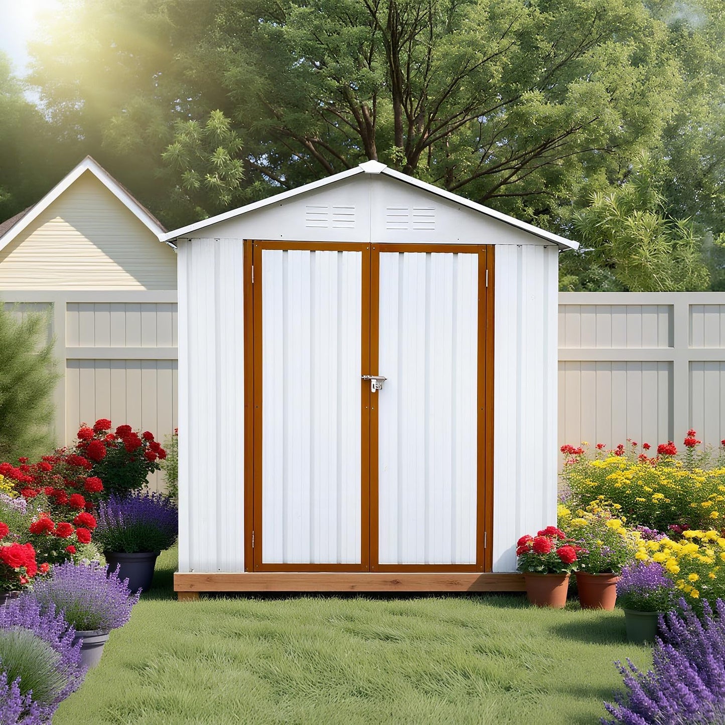 6 x 4 FT Outdoor Storage Metal Shed, Bike Garden Tool Shed with Slooping Roof, Lockable Doors and Aluminum Frames, Shed Easy to Assemble for Garden, Patio, Lawn, White+Yellow