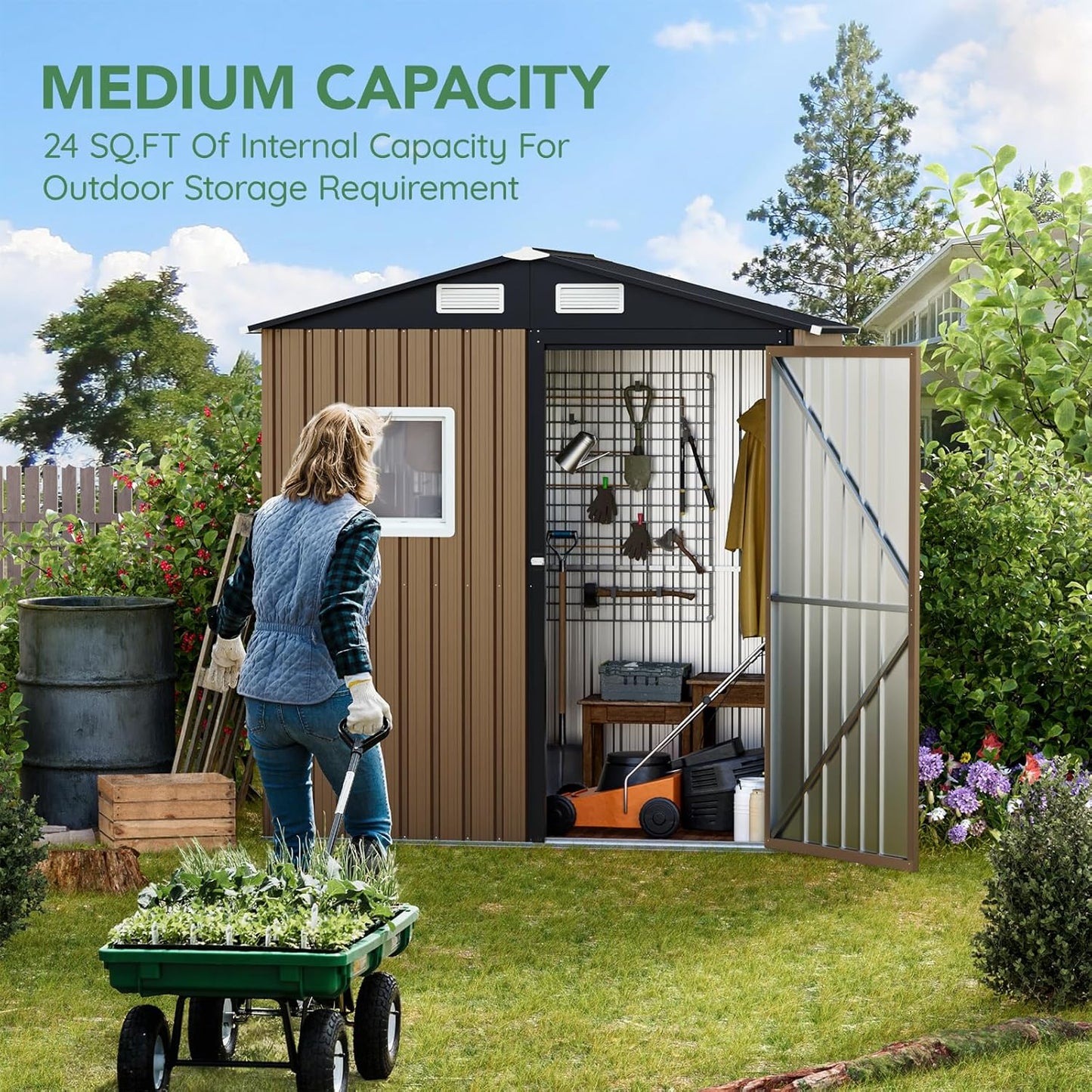 6X4FT Outdoor Steel Storage Shed with Lockable Doors, One Window,Ideal for Garden, Backyard, Patio Storage,Brown