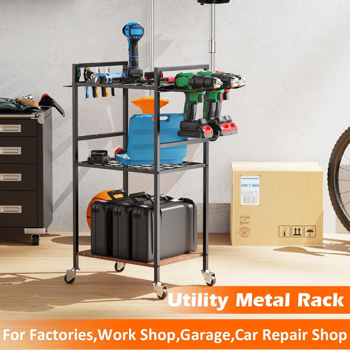 MUTUACTOR Heavy Duty Garage Tools Organizer Cart,3-Tier Rolling Utility Tool Chest with Electric Impacts Rack,Large Load-Bearing Shelf Storage Metal Rack Tool Cart with Wheel for Organizer and Storage