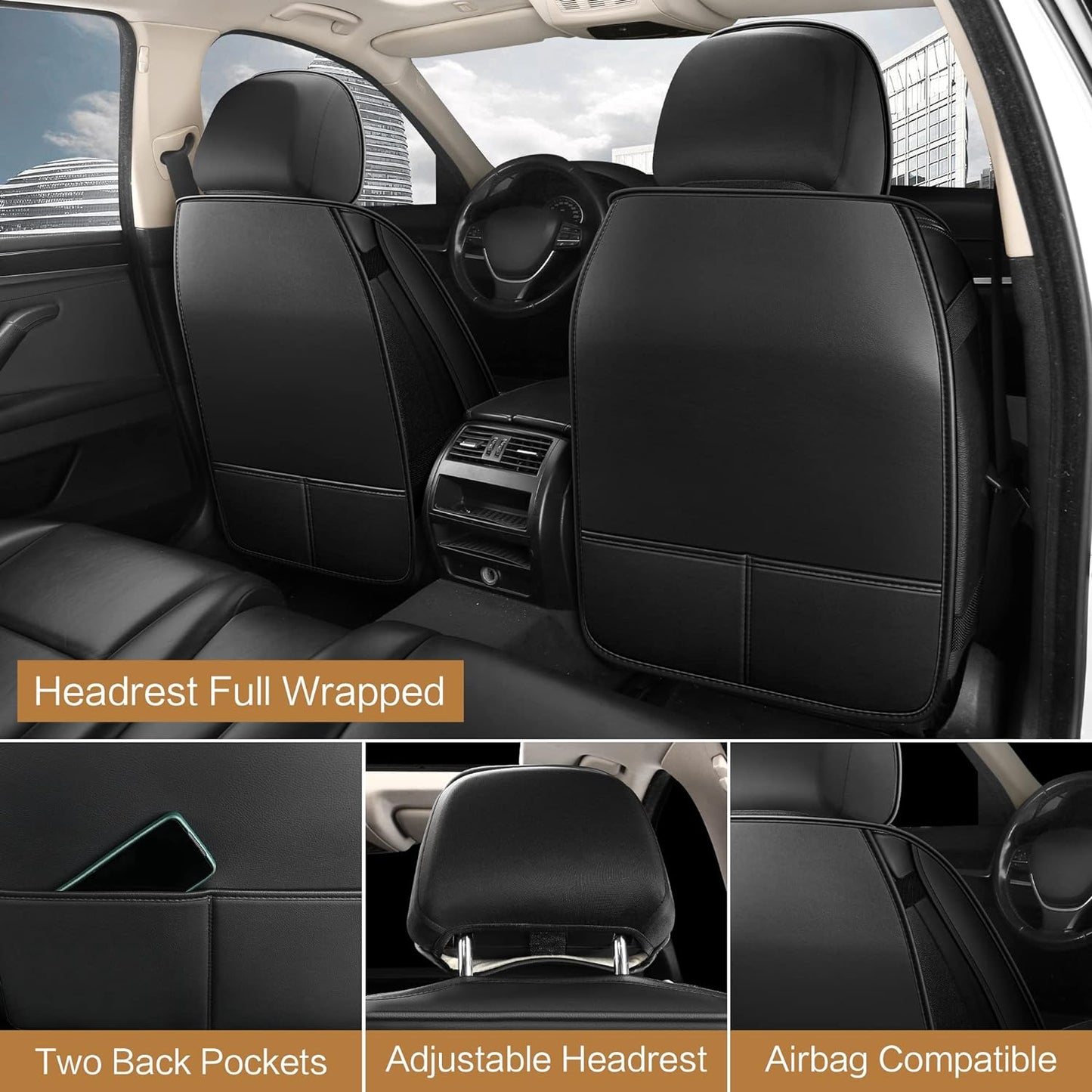 Pariitadin Leather Car Seat Covers Full Set, Waterproof Faux Leather Seat Covers for Cars, Non-Slip Car Interior Covers Universal Fit for Most Cars Sedans Trucks SUVs, Black