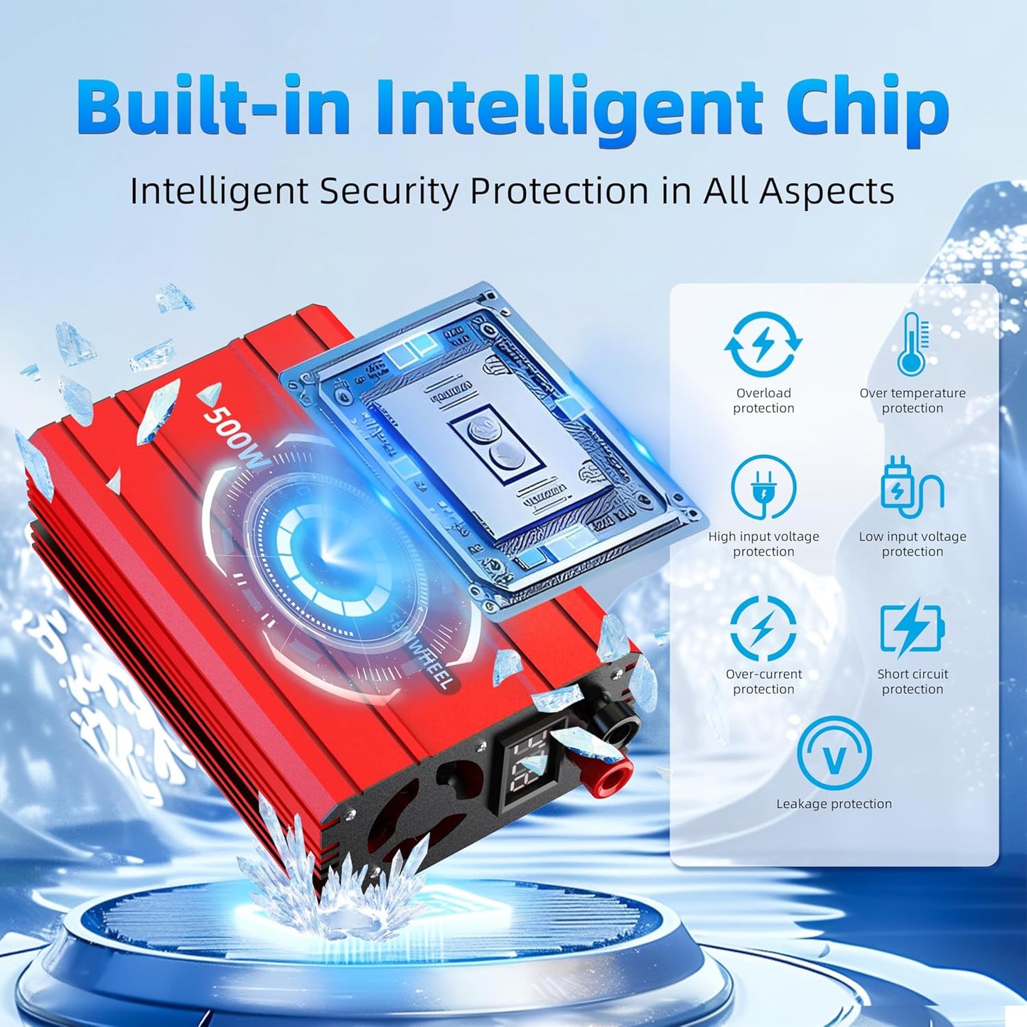 SUNWHEEL 500W Power Inverter DC 12V to 110V AC Car Inverter with 2 x 3.1A USB Ports and Dual AC Outlet, Equipped with 1 Cigarette Lighter and 2 Battery Clamps for Road Trip and Camping