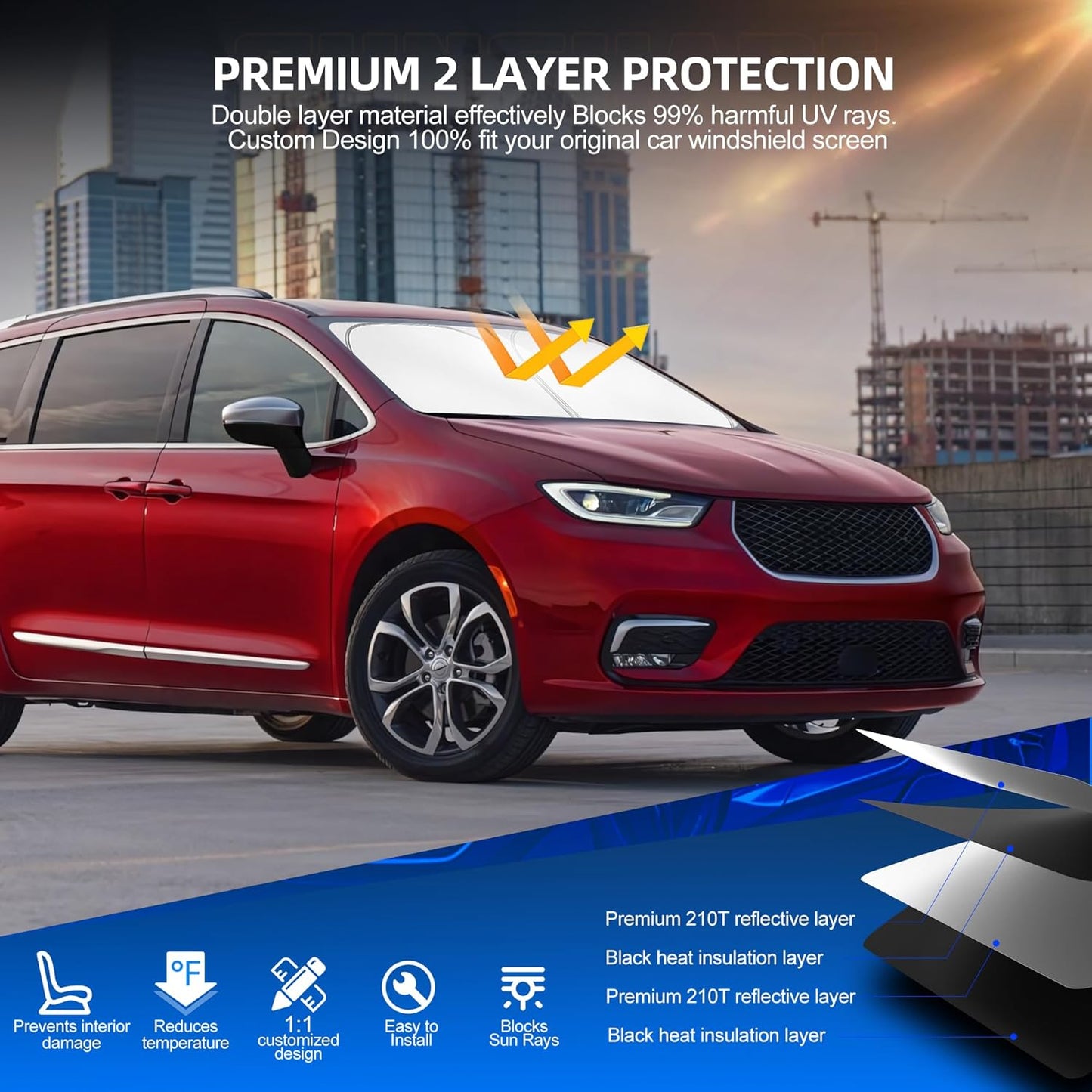 Windshield Sun Shade for Chr-ysler Pacifica 2017-2025 2026 Foldable Sunshade Custom Fit Front Window Car Interior Accessories Protector Blocks UV Rays