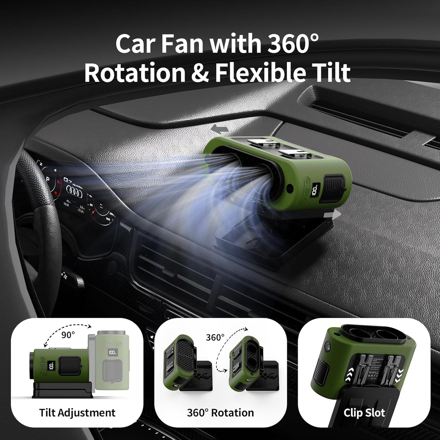 Socool Portable Car Fan - 14500mAh Rechargeable Battery Opearated, Clip on Car Seat Headrest 360 Rotatable, 5-Speed Backseat Fans for Baby Rear Facing Cooling with Dual Air Outlets for SUV RV Truck