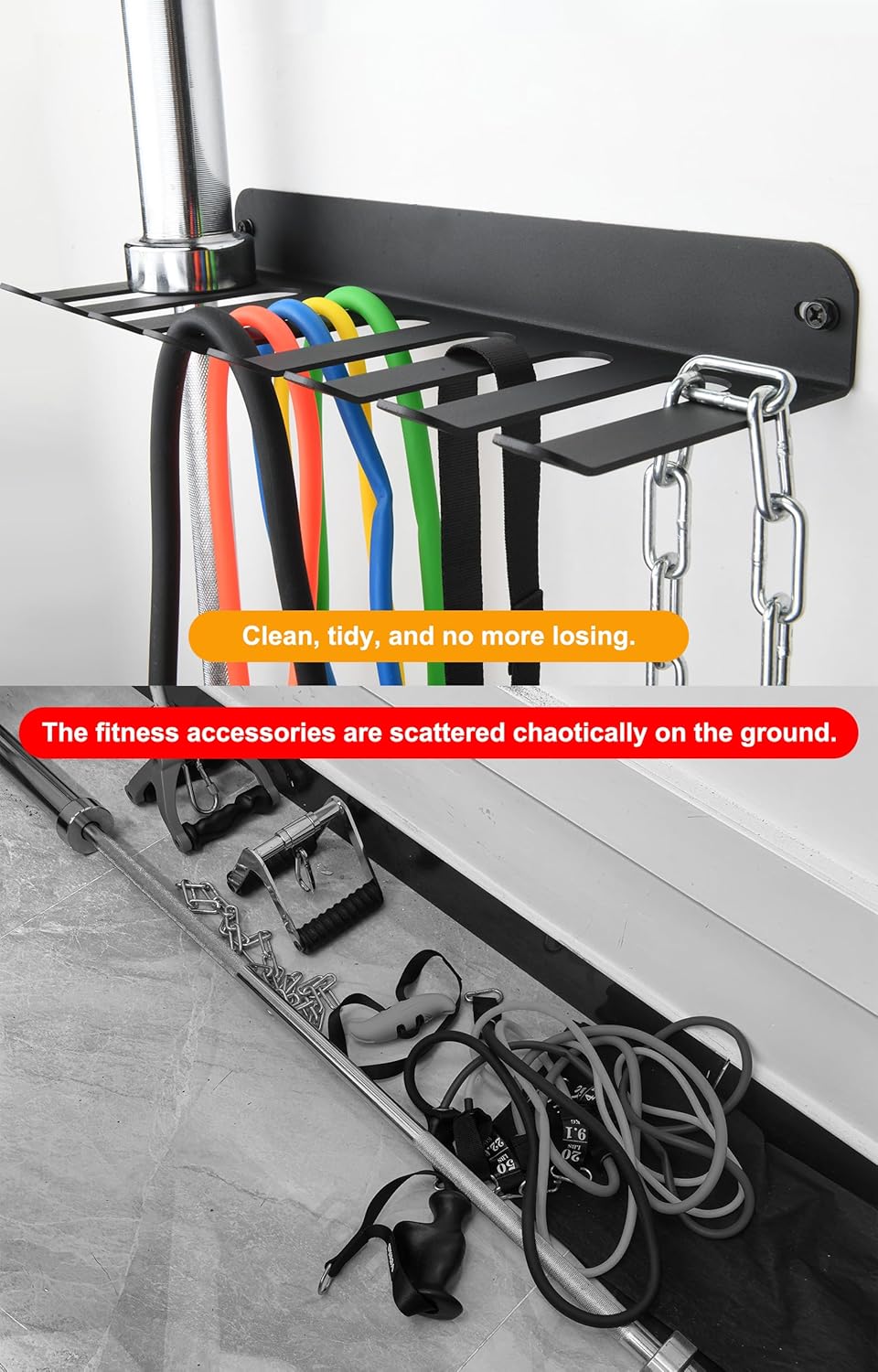 Performance Seven Bars Holder Storage,Custom Powder Coated HEAVY-DUTY STEEL Mount Wall Rack Storage Rack,Weight Room Organizer with 8 Wall Hooks for Exercise Bands Jump Ropes Chains Lifting Belts