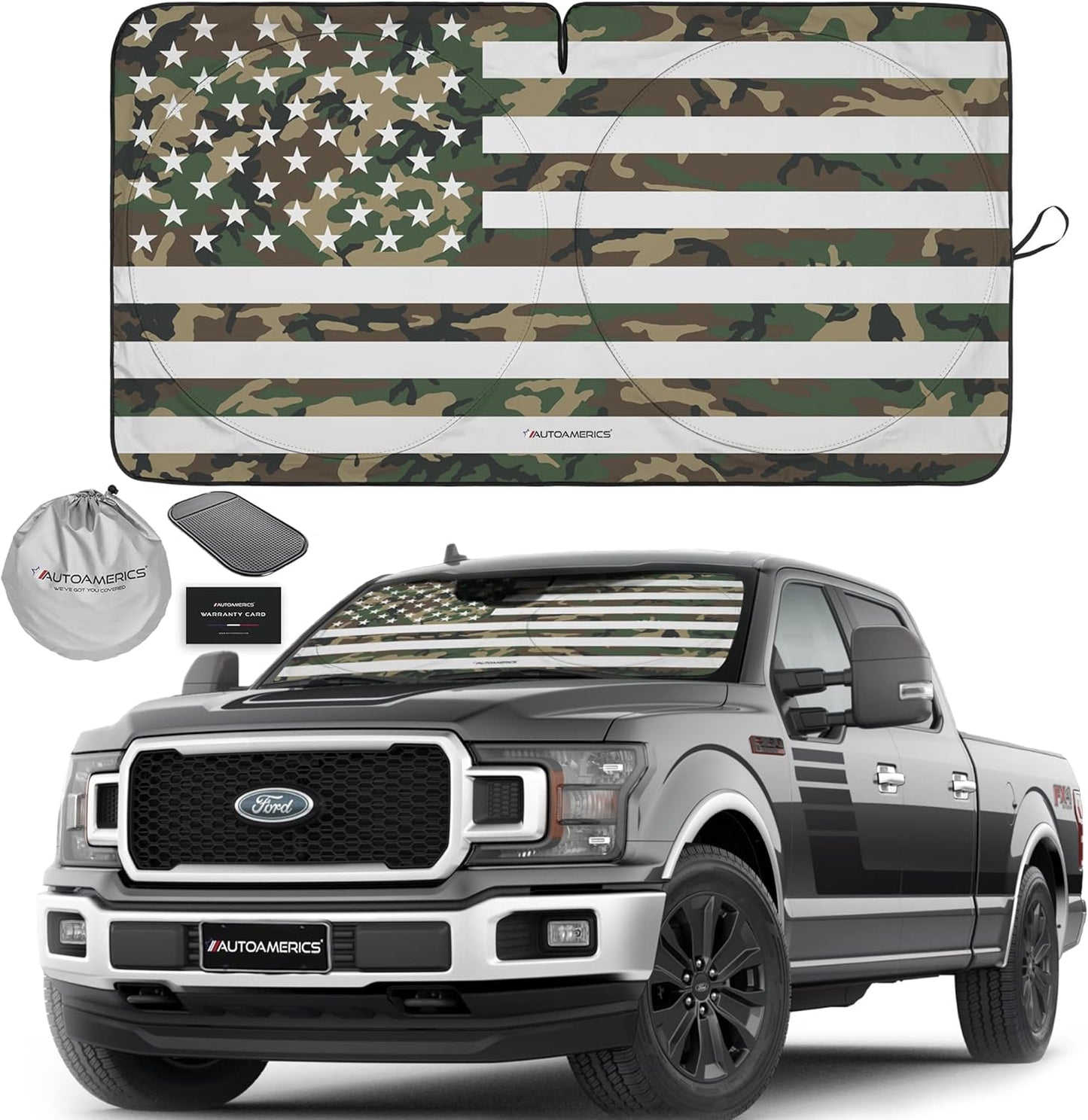 Autoamerics 1-Piece Windshield Sun Shade ERDL Camo American Flag USA Design - Foldable Car Front Window Sunshade for Most Sedans SUV Truck - Blocks Max UV Rays and Keeps Your Vehicle Cool - X-Large