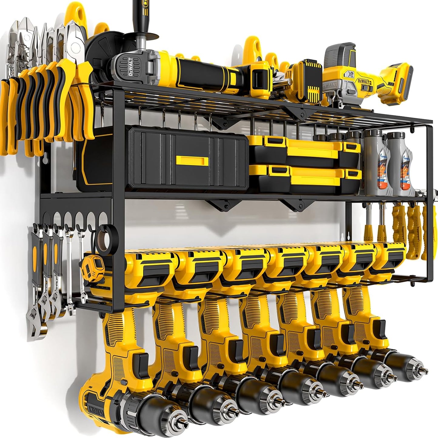 Power Tool Organizer Wall Mount Cordless,15 Min Fast Install Metal Garage Tool Storage Organizer Heavy Duty 3 Layers 7 Drill Power Tool Holder Storage Rack Tool Shelf Wall Mount for Shop Organization