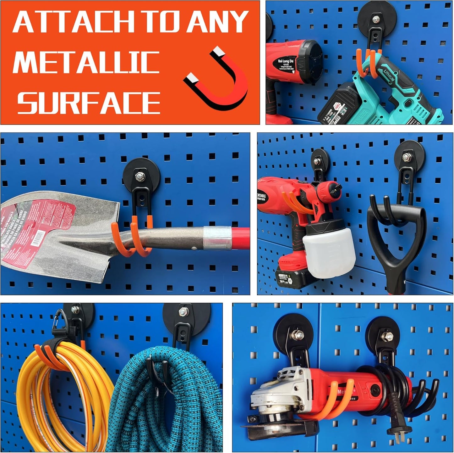 ULIBERMAGNET Garage Strong Magnetic Hooks, 4 Pack Heavy Duty Large J Hooks with Magnet, Anti-Slip Coating Magnet Hooks for Garden Tools, Ropes,Drill,Magnetic Double Hooks for Metal Cabinet,Pegboard