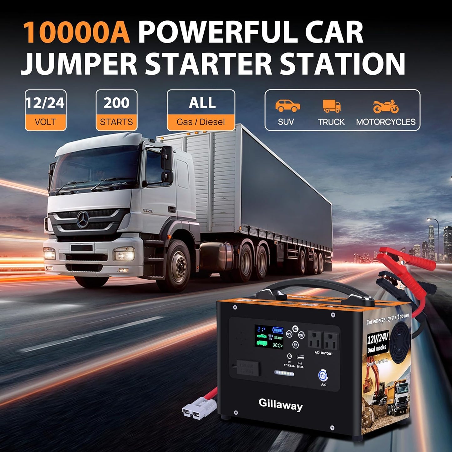 V10 10000A Car Jump Starter, Portable Power Station Backup Lithium Battery，12V/24V Heavy Duty Truck Jump Starter Battery Pack, Power Bank for Outdoors Camping Travel Hunting Blackout