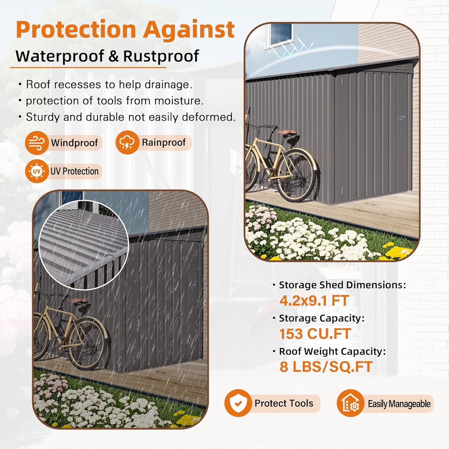 4 x 9 FT Metal Outdoor Storage Shed w/Clear Window, Lean to Storage Sheds with Lockable Door and Air Vents, All Weather Waterproof Garden Tool House for Backyard, Patio, Lawn, Gray