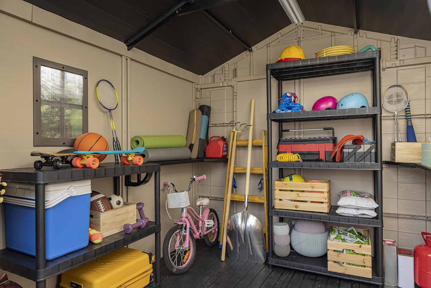 Keter Factor 8x8 Foot Large Resin Outdoor Shed with Floor for Patio Furniture, Lawn Mower, and Bike Storage, Taupe & Brown