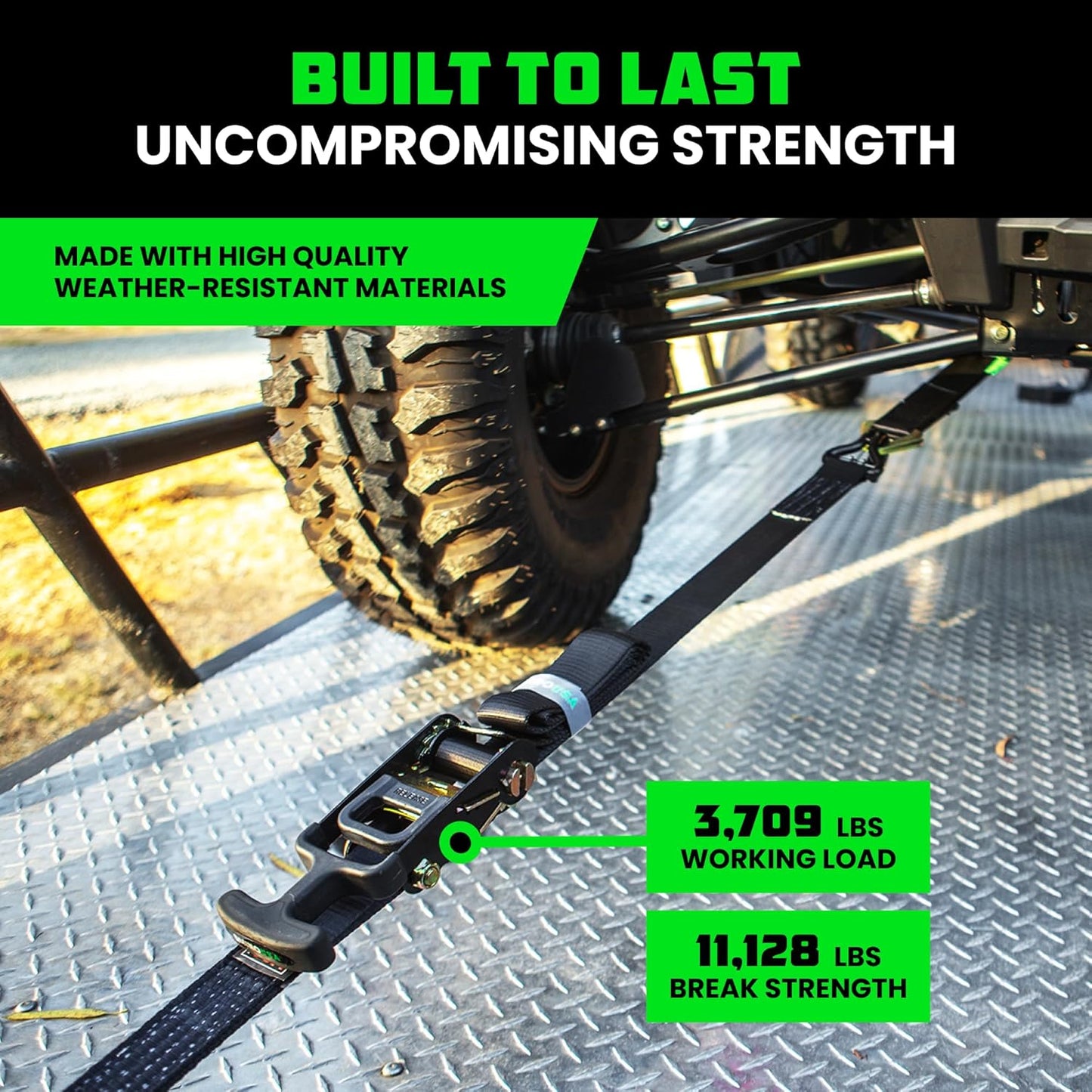 Rhino USA Car Tie Down Straps for Trailers with J Hooks (4-Pack) – 2" x8' (10,000lb Break Strength) – Heavy Duty Car Hauler Tire Straps with Axle Straps for UTV, Powersports & More – Black