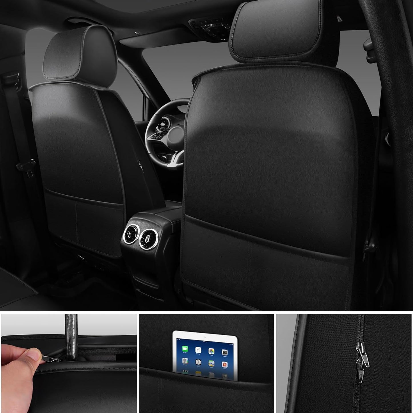 CAR PASS Nappa Leather Car Seat Covers Front Seats, Luxury Seat Protector for Cars, Waterproof Anti-Slip Seat Cushion Armrest Compatible Airbag Universal for SUV Pick-up Truck Automotive, Black Gray