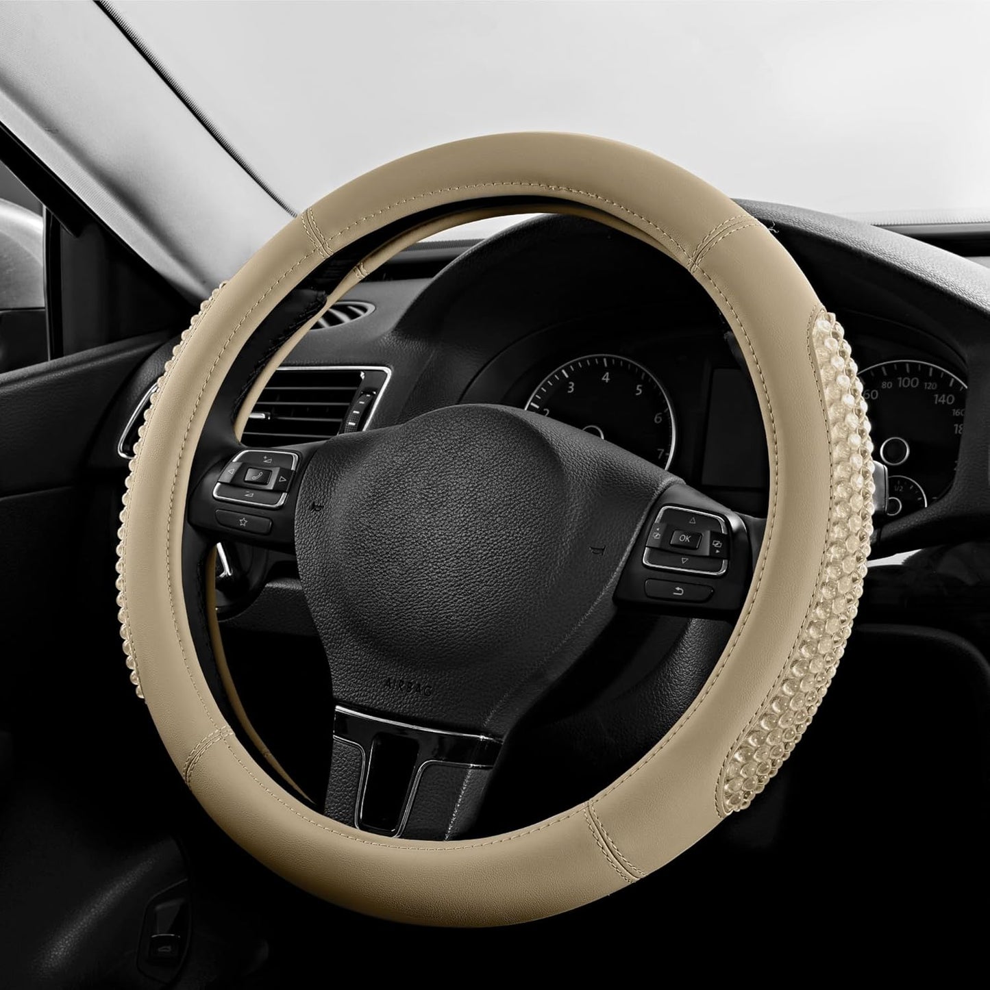 PIC AUTO Gel Particles Steering Wheel Cover, Beige Luxury Leather Car Steering Wheel Protector, Universal Fit 14.5"-15.5" Anti-Slip Car Interior Accessories for Girls & Women