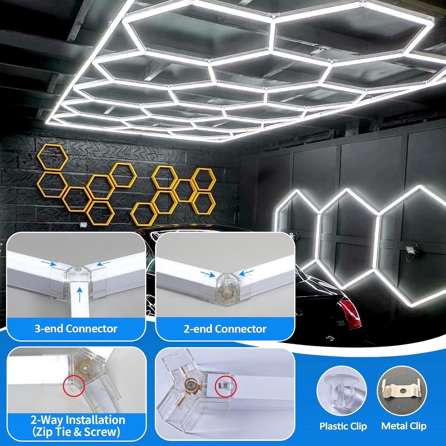 tewei Hexagon LED Garage Lights with Rectangle Frame, 900W 90000LM 6500K, Ultra-Bright Hexagon LED Shop Lights for Garage, 14 Grids Hex Ceiling Light for Workshop, Warehouse, Gym, Car Detailing Shop