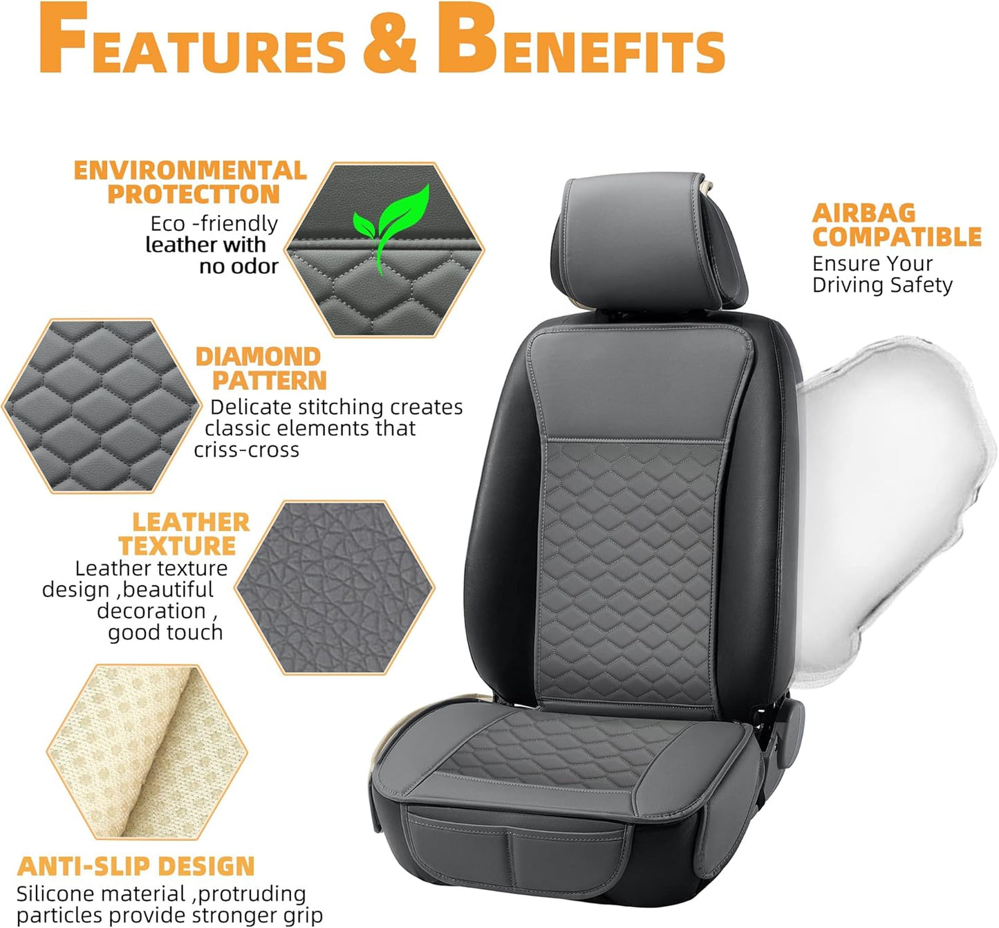 Elantrip Car Seat Cover Full Set Leather Car Seat Protector Universal fit for Most Cars SUVs and Trucks Water Proof Front and Rear Seat Protector Gray