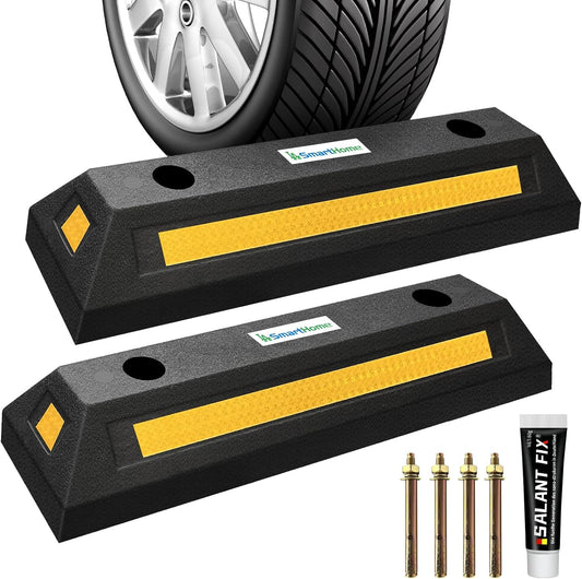 Car Parking Stopper – 2PCs Heavy Duty Rubber Curb Car Stop for Garage and Driveway, Parking Aid, 18” Tire Wheel Stop for Cars, Vans, Trucks – Prevents Hitting Wall or Barrier – Easy Installation