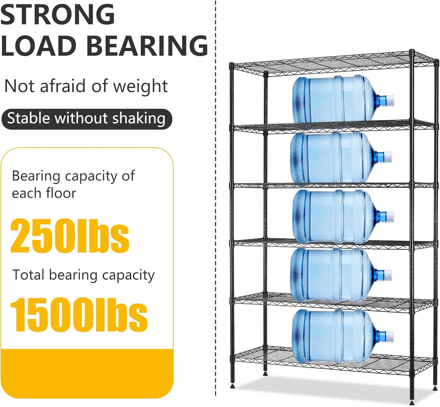 16''Lx42''Wx72''H 6 Shelf Wire Shelving Unit Heavy Duty Metal Storage Shelves NSF Wire Shelf Organizer Black Height Adjustable Utility Steel Commercial Grade Layer Shelf Rack 1500 LBS Capacity