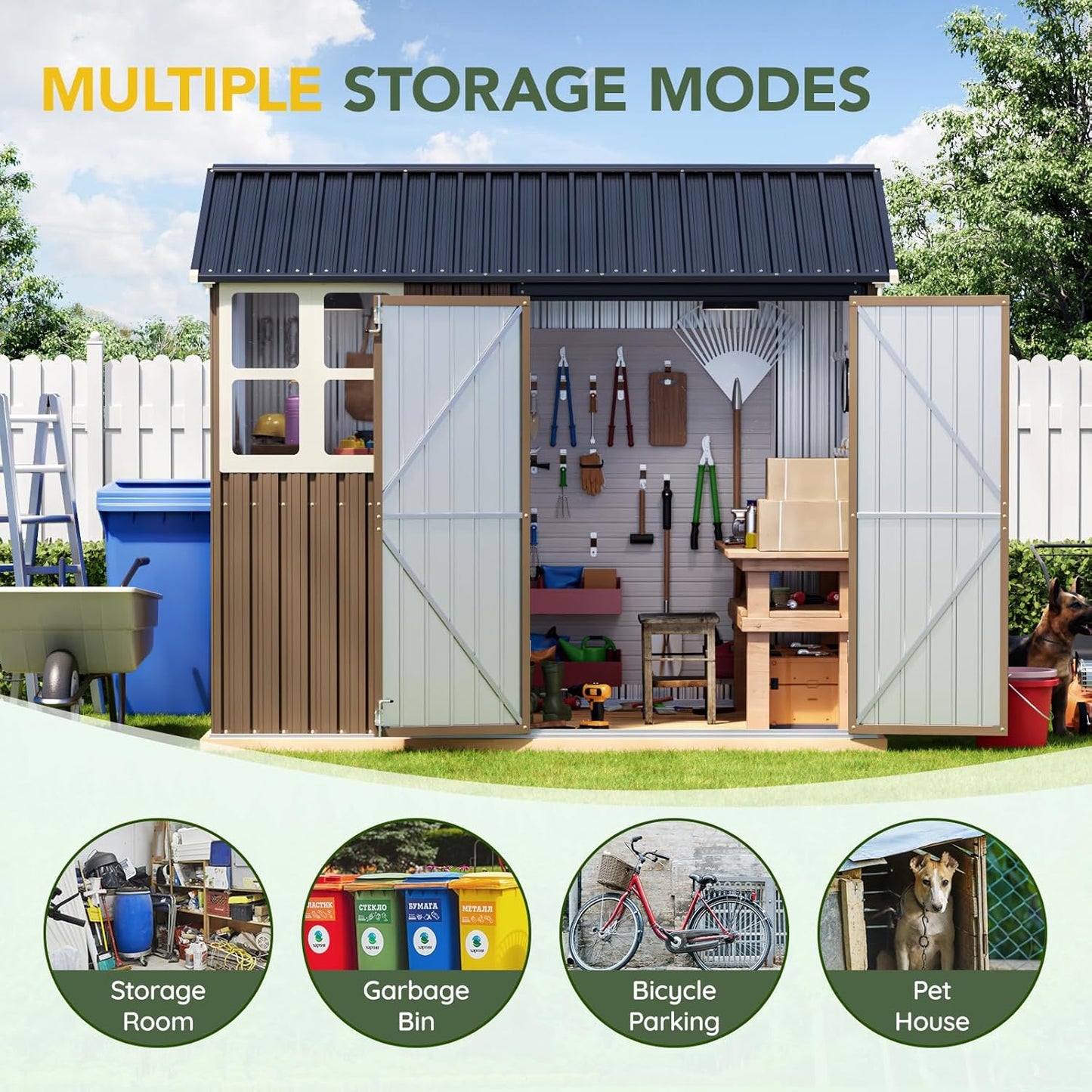 Breezz 6X8FT Outdoor Steel Storage Shed with Frame Floor,Clear Window, Lockable Doors, Weather-Resistant Metal Tool Shed for Garden, Backyard, Patio, and Utility Storage Brown