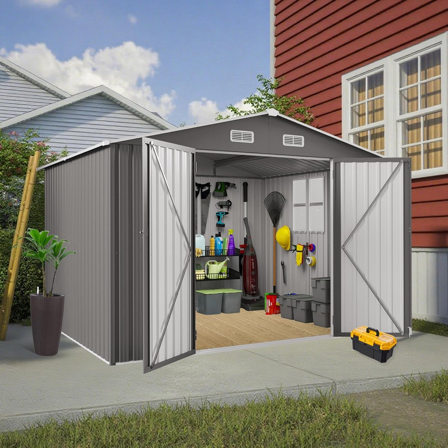 8X10 FT Outdoor Storage Shed with Window, Metal Sheds & Outdoor Storage with Lockable Door and 4 Vents, Outside Storage Shed Waterproof for Backyard, Garden, Patio, Gray