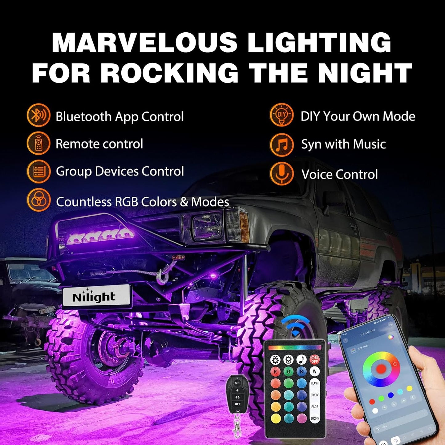 Nilight RGB LED Rock Lights Kit 4 PCS 18LED Wide Angle Wheel Well Light with Remote & Bluetooth App Dual Control Multi Modes Underglow Multicolor Neon Pod for ATV UTV SUV Offroad Truck RZR Boat