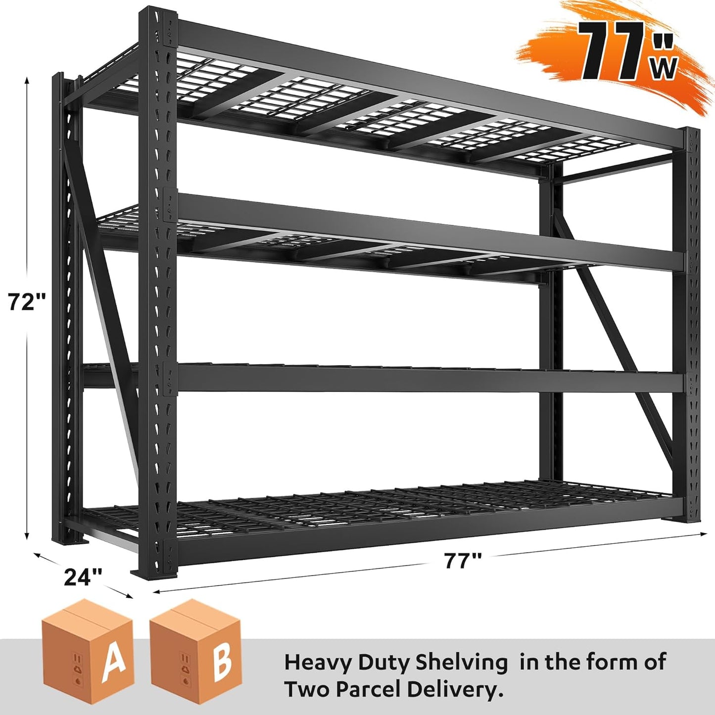Bepatio 8000LBS Garage Shelving Heavy Duty, 77" Ultra Wide Storage Shelves 4 Tier Metal Shelving for Storage, Adjustable Utility Shelves For Garage, Basement, Warehouse, Black 77" W*24" D*72”H, 2 Pack