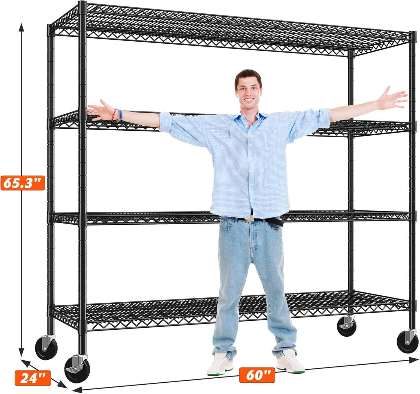 REIBII 60" W ×24" D×65.3" H, 4 Tier Wire Shelving 2878LBS Heavy Duty Steel Storage Rack Shelving Adjustable Shelves for Warehouses, Garages, Kitchens, and Commercial Spaces/Premium Wheels 2 Pack